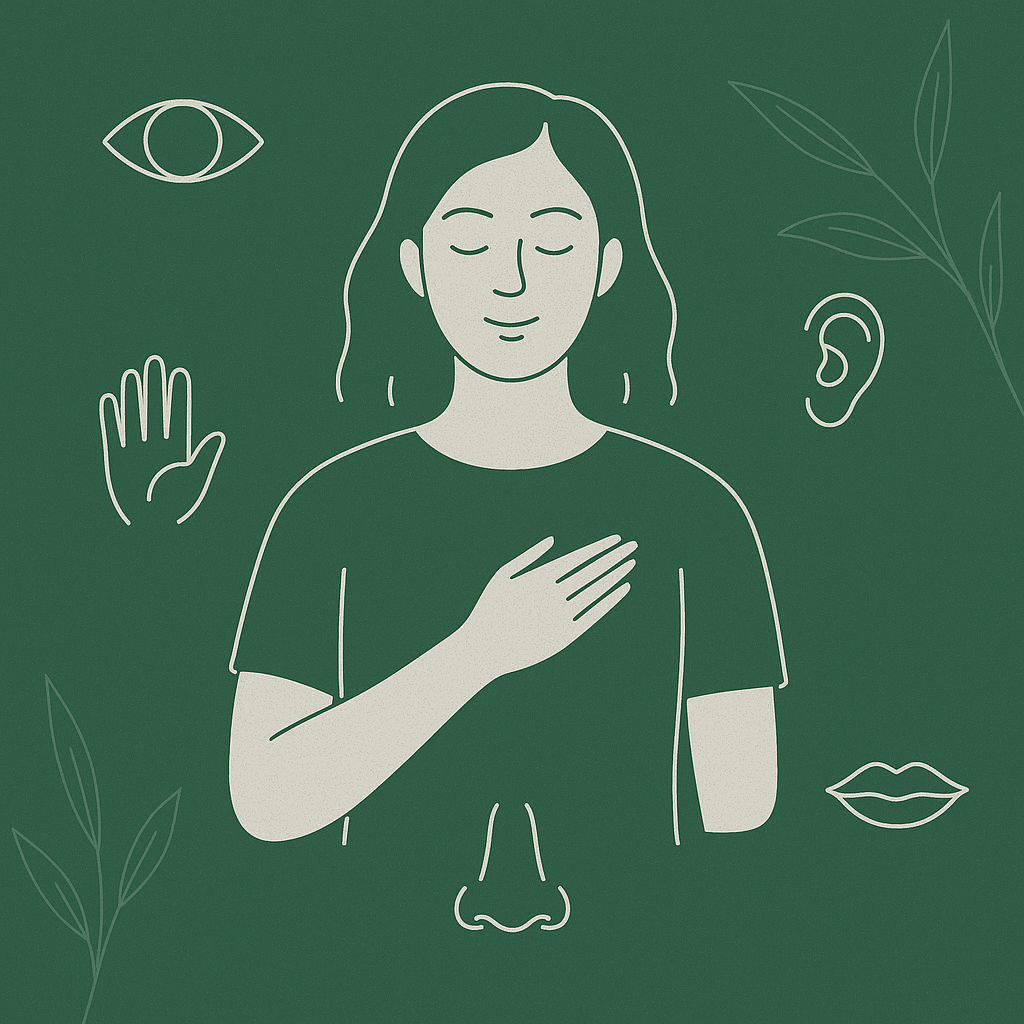 nazwij 5 rzeczy które widzisz, 4 rzeczy, któ®e słyszysz, 3 rzeczy, które dotykasz, 2 rezczy, które smakujesz 1 rzecz, którą czujesz